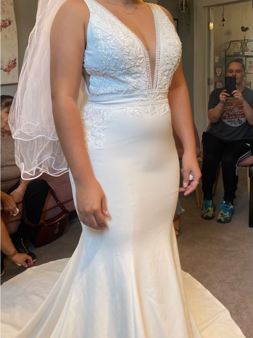 madison james White Plunge V-Neck Lace Mermaid Wedding Dress